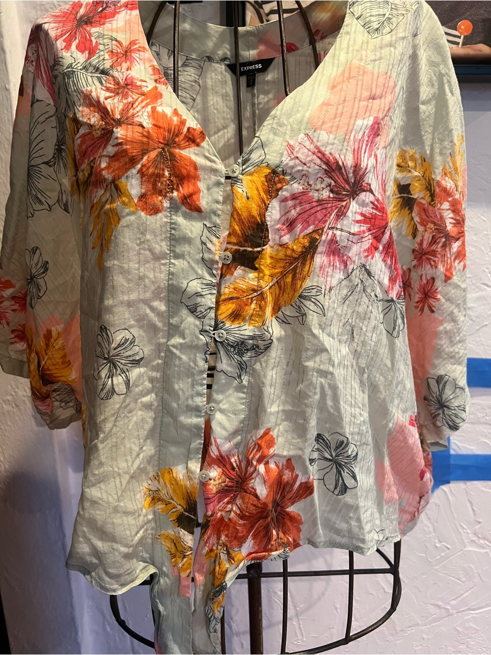Express Floral Button-Up Blouse in Cream with Orange & Pink Accents